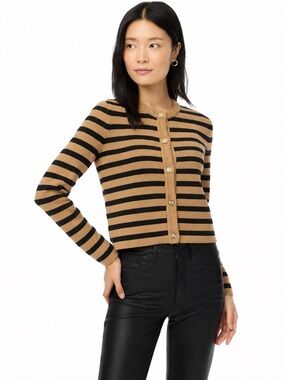 J.Crew Striped Cotton Lady Jacket Cardigan Sweater Camel/Black Small Like New!